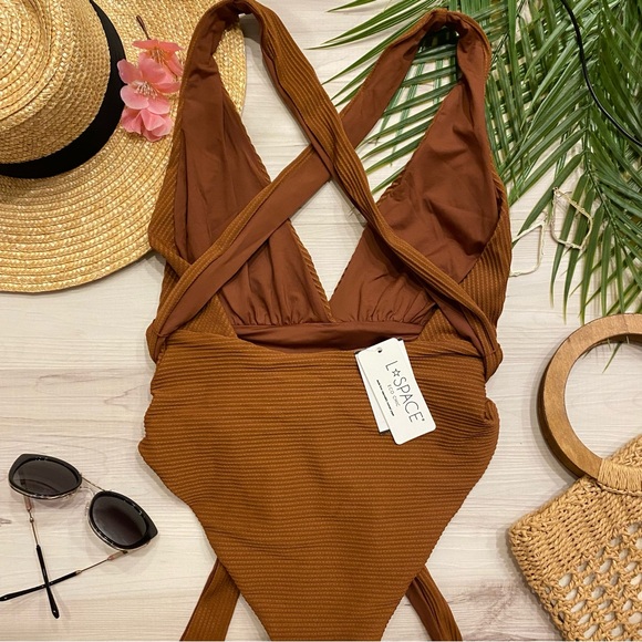 L*Space Brown Allegra Plunge Tie Ribbed Classy One Piece Swimsuit in Coffee - Picture 8 of 15